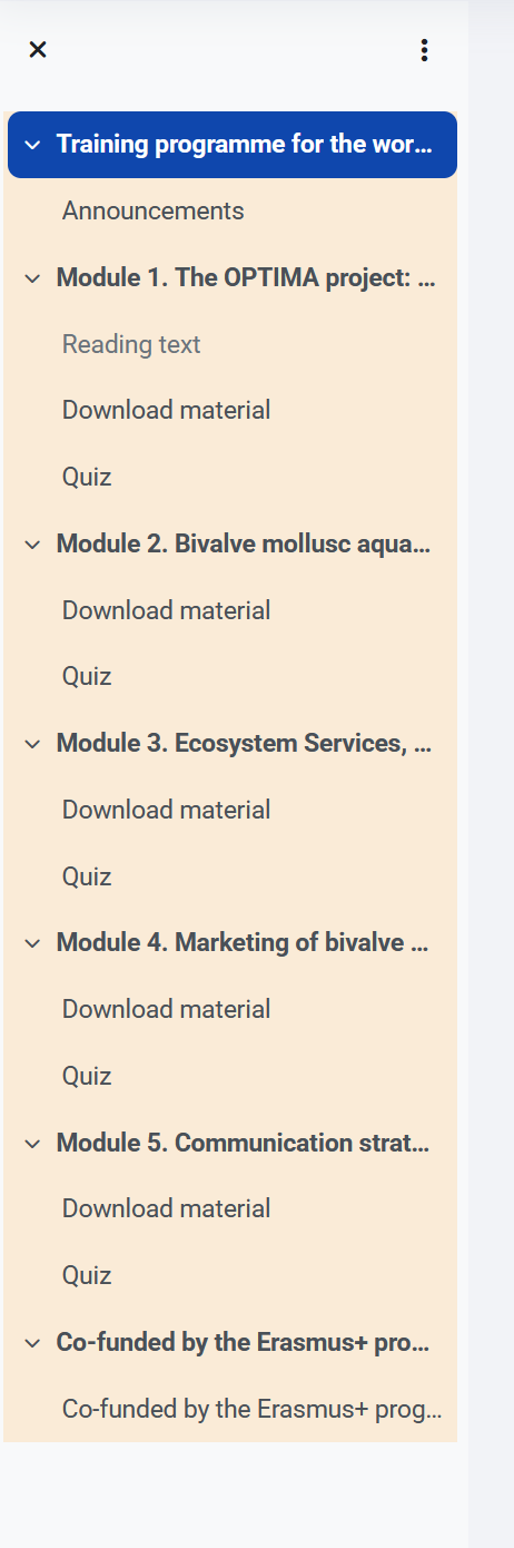 OPTIMA elearning left navigation bar