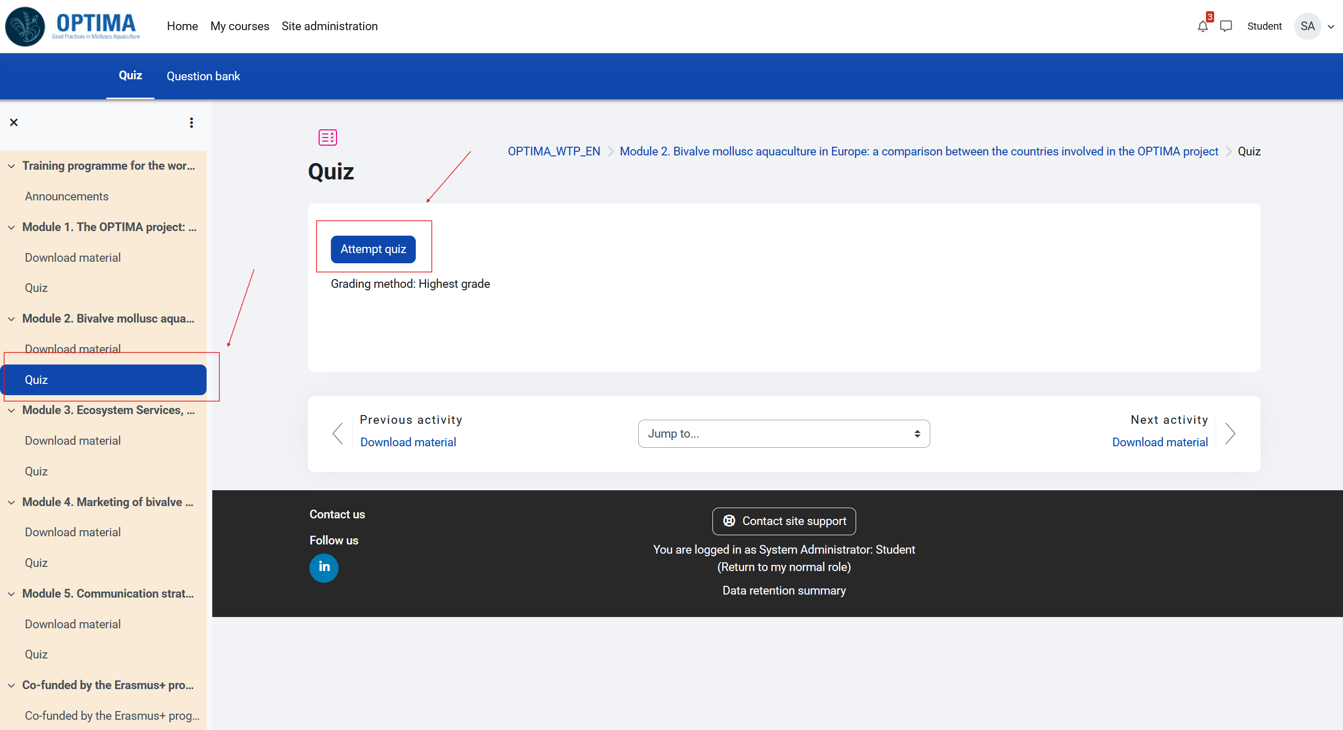 OPTIMA elearning start a quiz